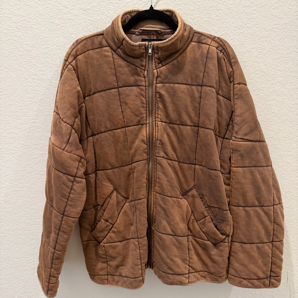 Forever 21 Womens Quilted Mineral Wash Zip Up Jacket Brown Mock Neck Medium